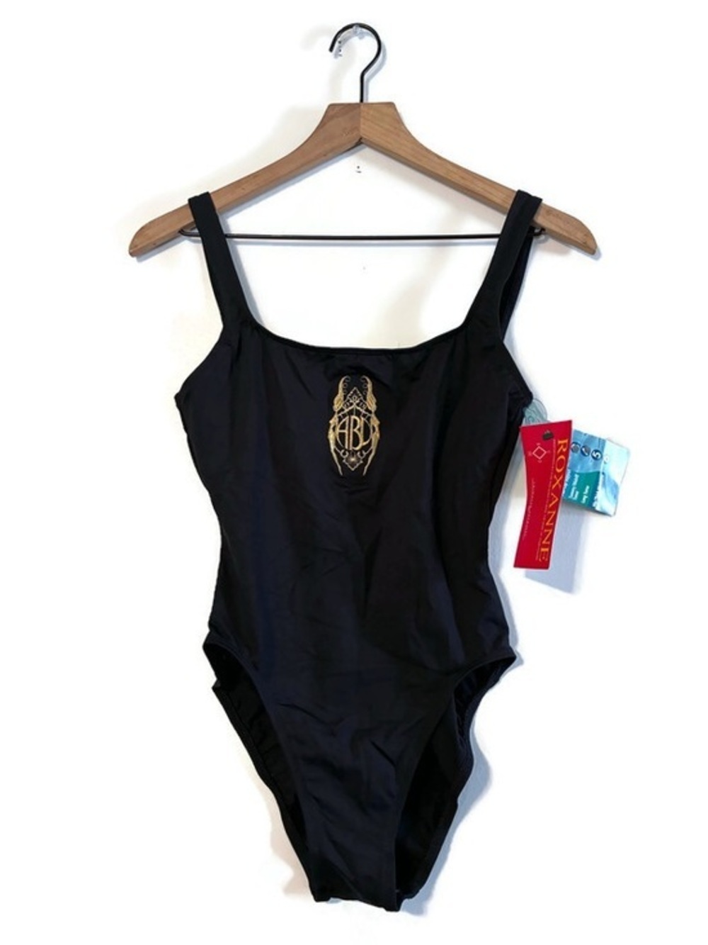 NWT Roxanne Black One-Piece Swimsuit with Gold Crest Embroidered women’s size 10